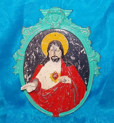 Image for <b><span style='color:purple'> Jesus Christ Sacred Heart Pointing Hand in Peace Sign Benediction Pose Vintage ca 1920s-1950s 3-dimensional Religious Christianity Wall Plaque Display </span></b><span style='color:purple'> <b><span style='color:red'>***USPS PRIORITY MAIL SHIPPING INCLUDED – DOMESTIC ORDERS ONLY!***</span></b><span style='color:purple'>